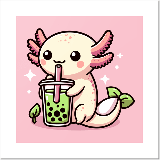 Cute Axolotl drink green boba Wall Art by fikriamrullah